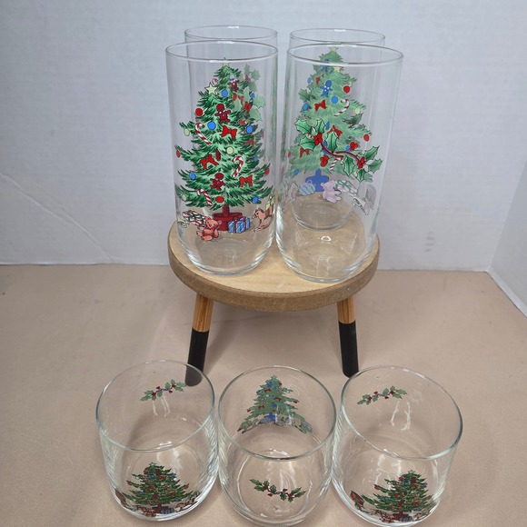 Vintage Luminarc Noel Christmas Tree Drinking Glasses Holiday Set of 7 4 lg/3 sm - Picture 1 of 9